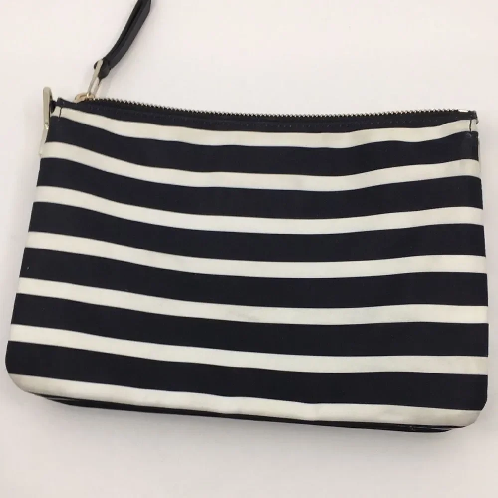 Kate Spade New York Black White Library Stripe Triple Gusset Clutch Makeup Pouch
